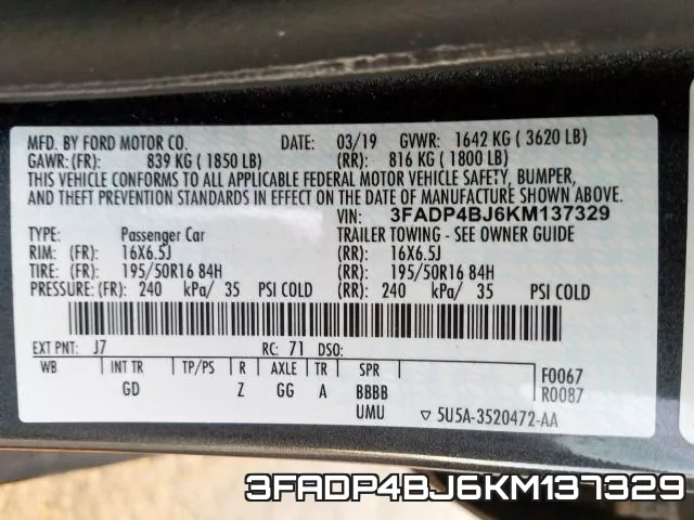 3FADP4BJ6KM137329 фото 2