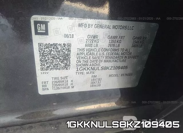 1GKKNULS8KZ109405 фото 8