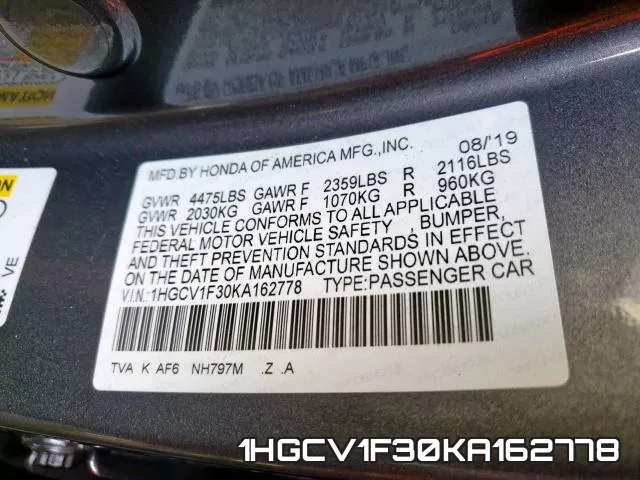 1HGCV1F30KA162778 фото 2