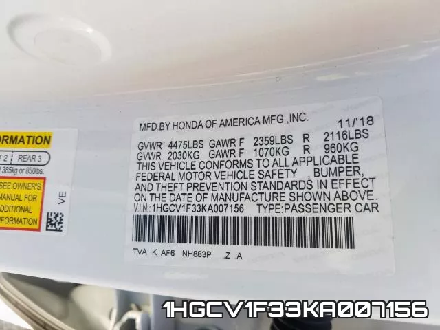 1HGCV1F33KA007156 фото 2
