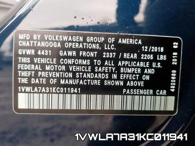1VWLA7A31KC011941 фото 2