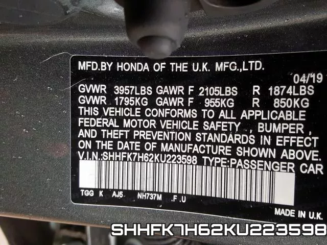 SHHFK7H62KU223598 фото 2
