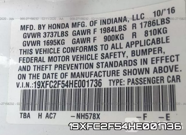 19XFC2F54HE001736 фото 9
