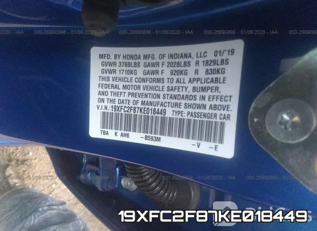 19XFC2F87KE018449 фото 9