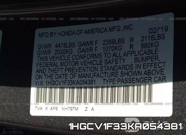 1HGCV1F33KA054381 фото 9