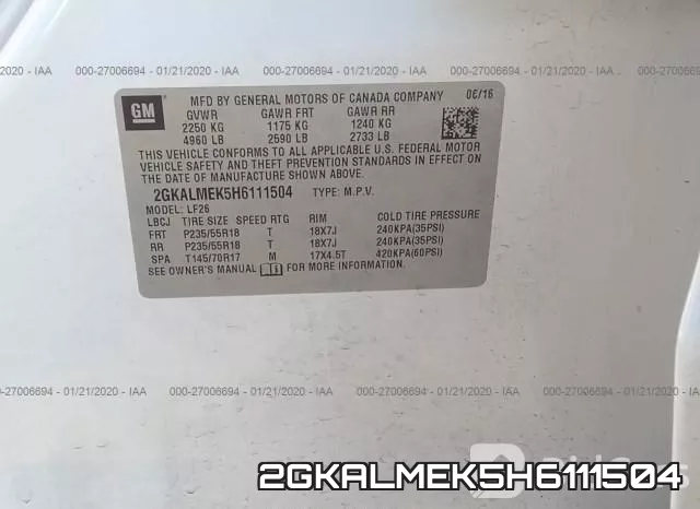 2GKALMEK5H6111504 фото 3