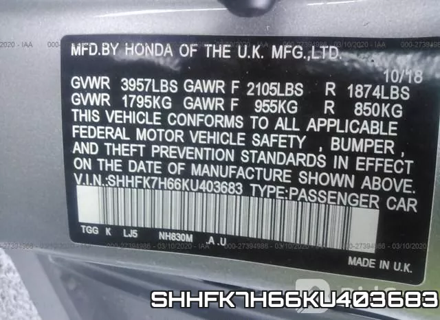 SHHFK7H66KU403683 фото 9