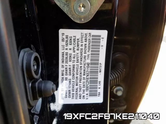 19XFC2F87KE211040 фото 2