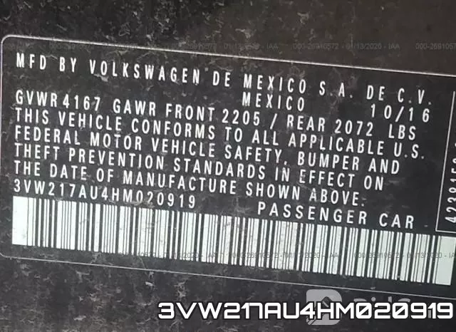 3VW217AU4HM020919 фото 9