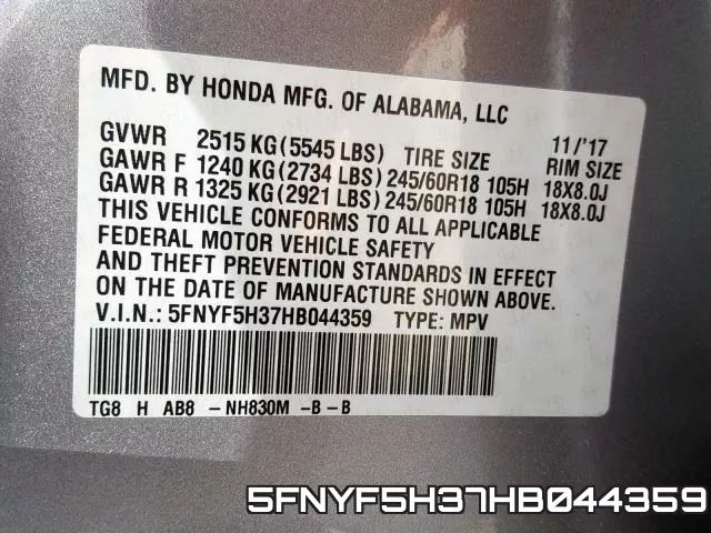 5FNYF5H37HB044359 фото 2