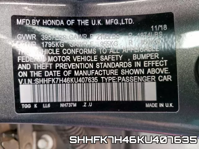 SHHFK7H46KU407635 фото 2