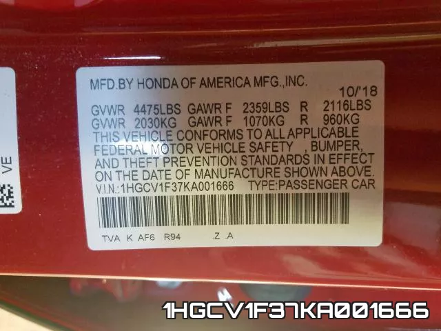 1HGCV1F37KA001666 фото 2