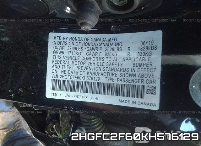 2HGFC2F60KH576129 фото 8