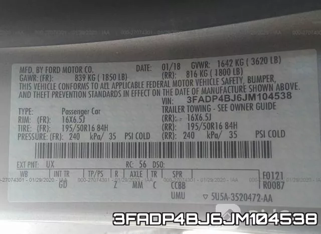 3FADP4BJ6JM104538 фото 6