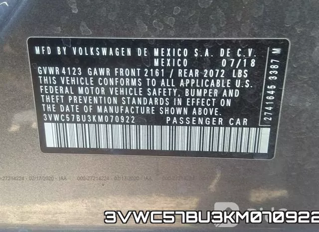 3VWC57BU3KM070922 фото 6