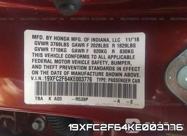 19XFC2F64KE003776 фото 8