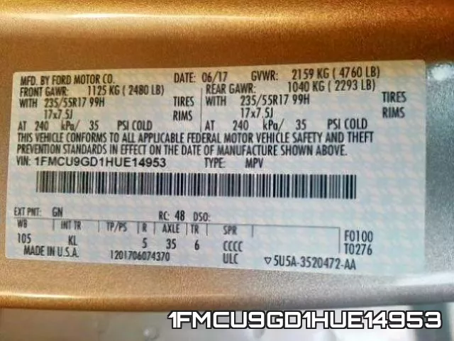 1FMCU9GD1HUE14953 фото 2