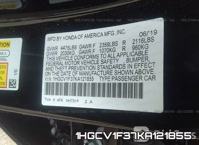 1HGCV1F37KA121855 фото 7