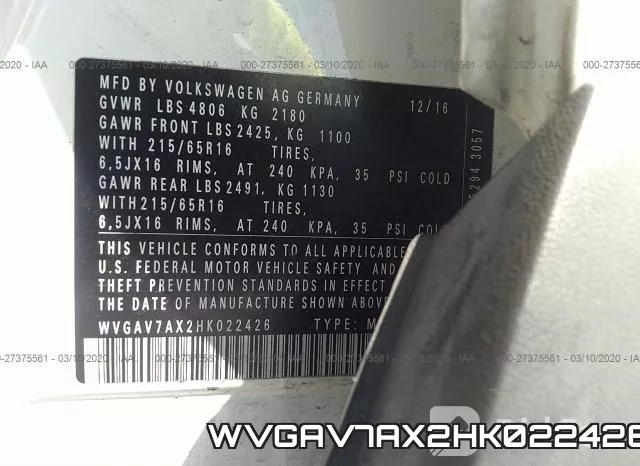 WVGAV7AX2HK022426 фото 5