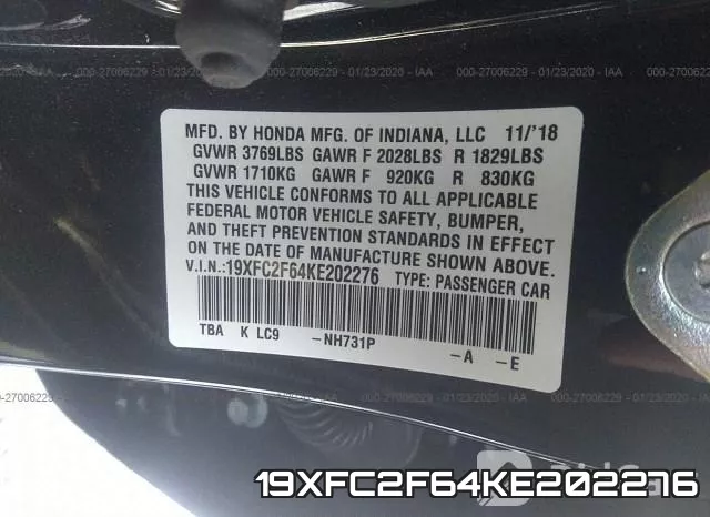 19XFC2F64KE202276 фото 7
