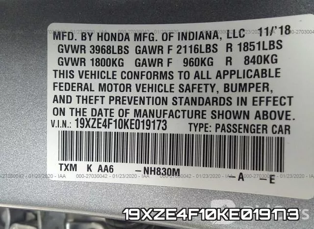 19XZE4F10KE019173 фото 8