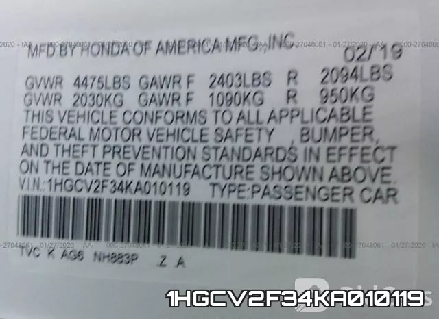 1HGCV2F34KA010119 фото 6