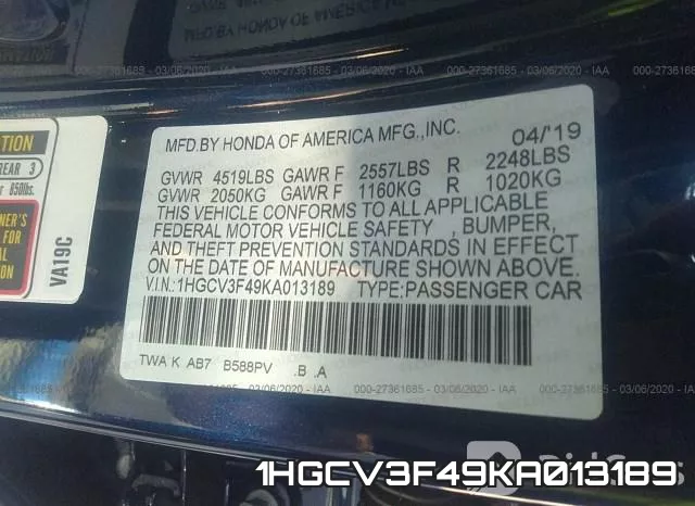 1HGCV3F49KA013189 фото 6