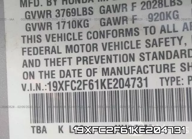 19XFC2F61KE204731 фото 7