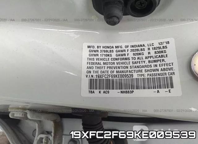 19XFC2F69KE009539 фото 4