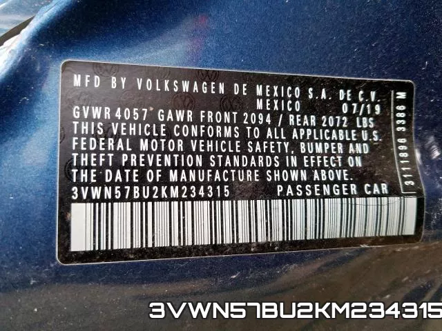 3VWN57BU2KM234315 фото 2