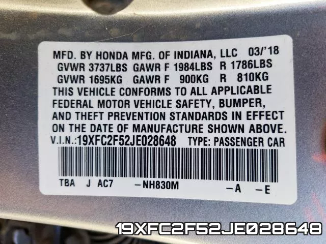 19XFC2F52JE028648 фото 2