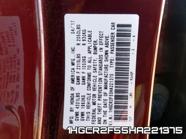 1HGCR2F55HA221375 фото 2