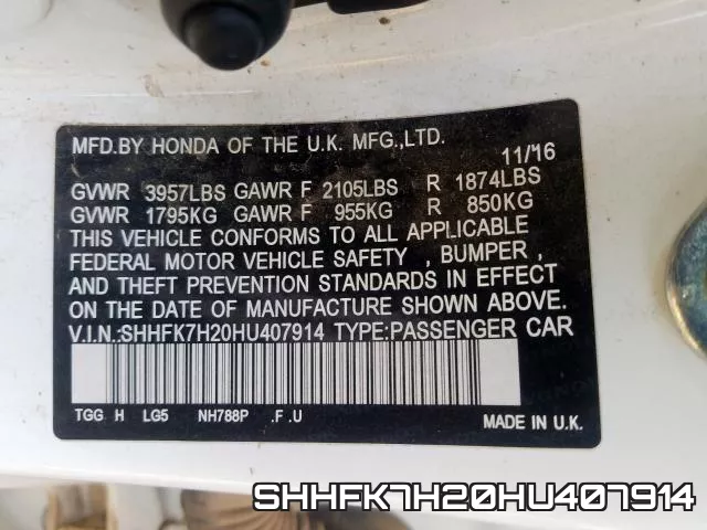 SHHFK7H20HU407914 фото 2