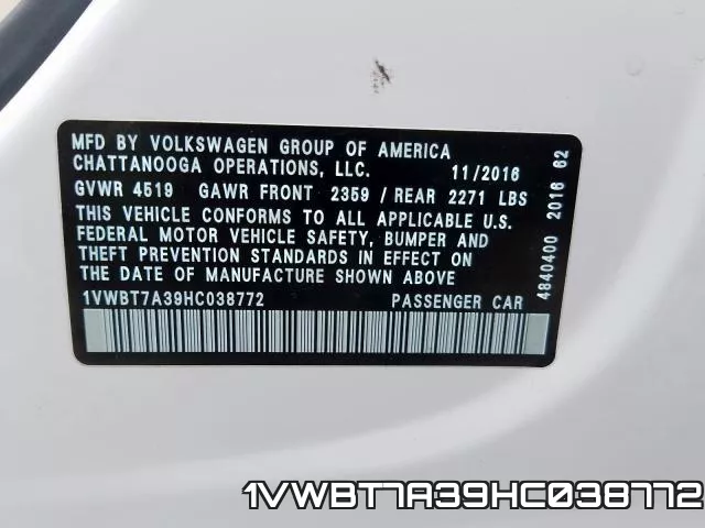 1VWBT7A39HC038772 фото 2