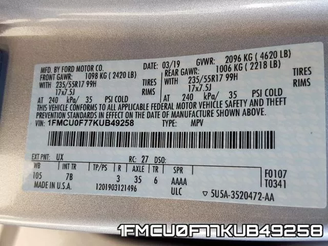 1FMCU0F77KUB49258 фото 2