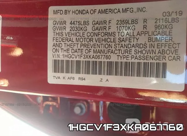 1HGCV1F3XKA067760 фото 6