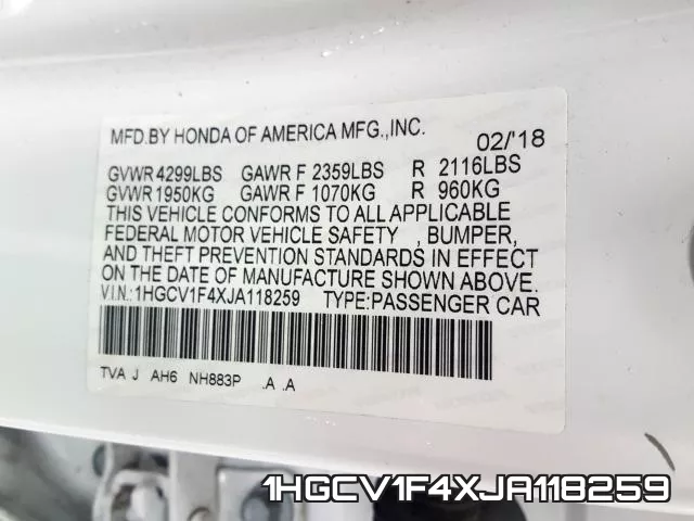 1HGCV1F4XJA118259 фото 2