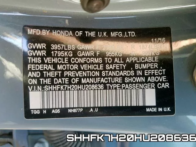 SHHFK7H20HU208636 фото 2