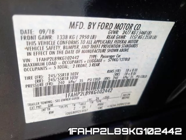 1FAHP2L89KG102442 фото 2