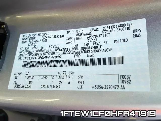 1FTEW1CF0HFA47919 фото 2