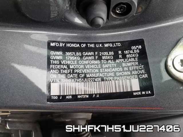 SHHFK7H51JU227406 фото 2