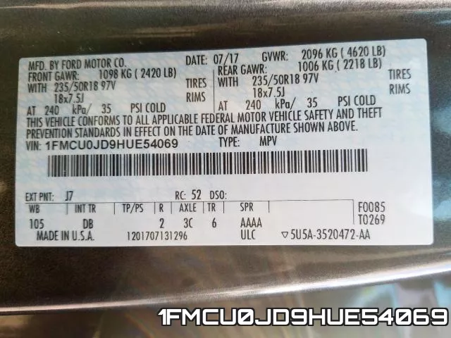 1FMCU0JD9HUE54069 фото 2