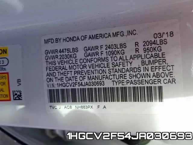 1HGCV2F54JA030693 фото 2