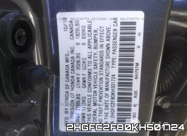 2HGFC2F80KH501724 фото 4