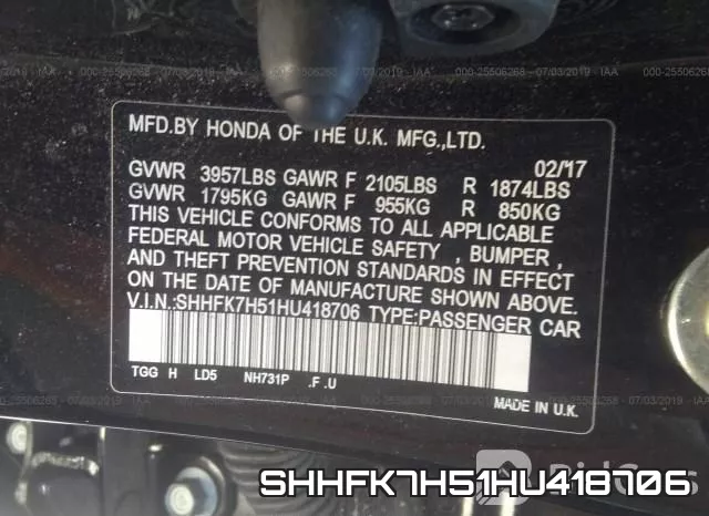 SHHFK7H51HU418706 фото 9