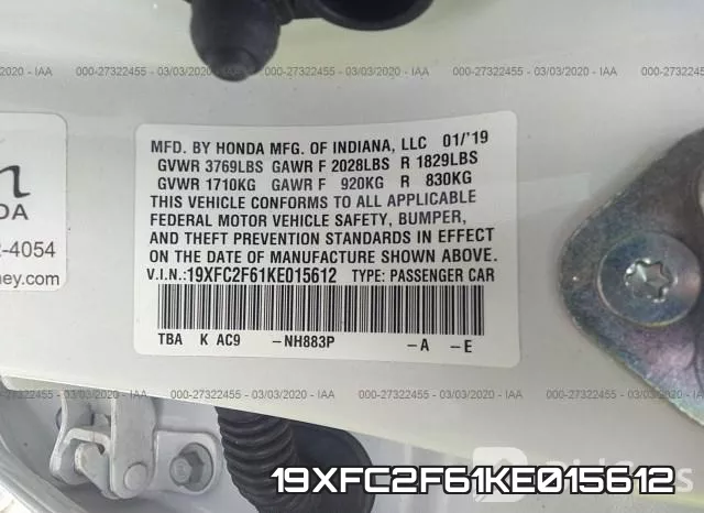 19XFC2F61KE015612 фото 8