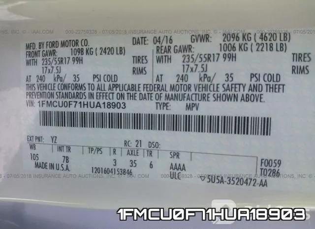 1FMCU0F71HUA18903 фото 7