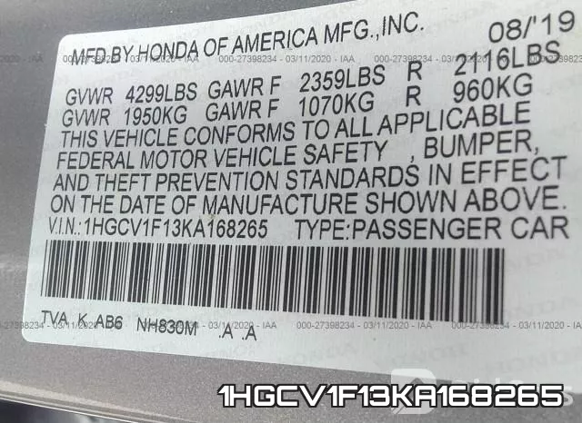 1HGCV1F13KA168265 фото 8