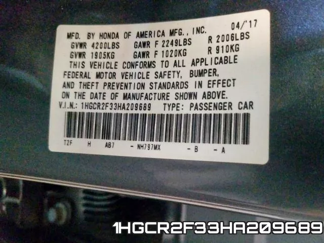 1HGCR2F33HA209689 фото 2