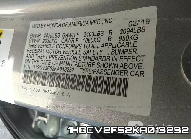 1HGCV2F52KA013232 фото 6